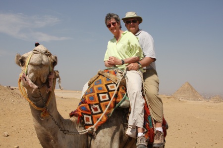 Juju and Bigdog on camel in Giza, Egypt